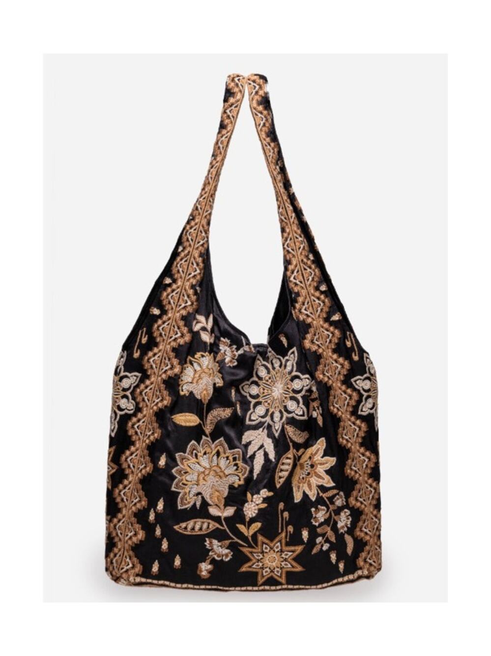 JOHNNY WAS BLACK AND GOLD SLOUCHY TOTE, SATIN HOBO BAG EMBROIDERED